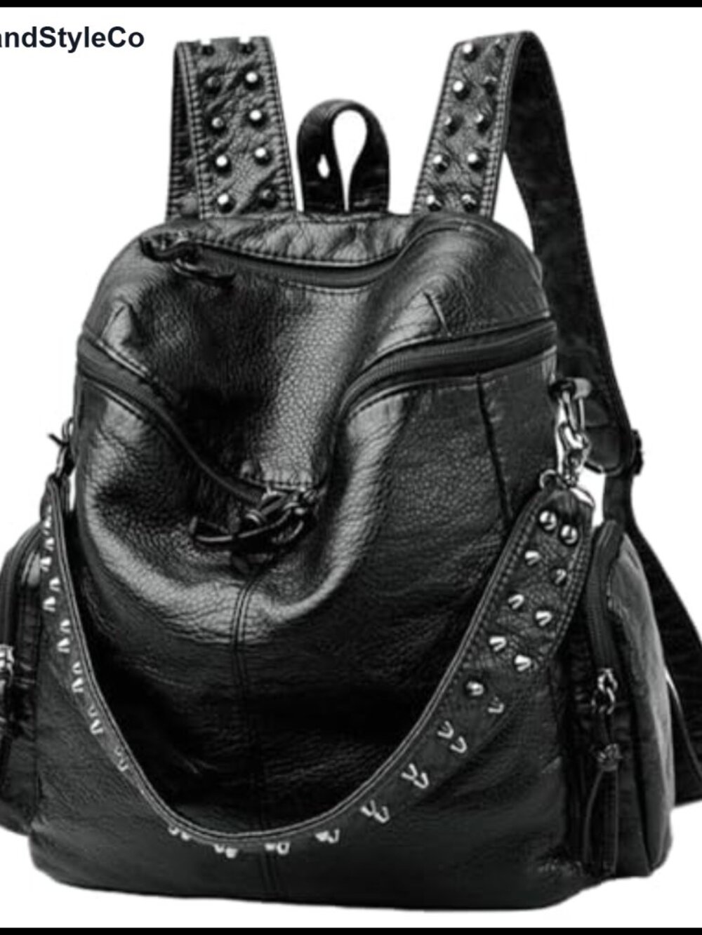 Womens Vegan PU Leather Backpack Rivet Studded Multi Pocket Knotted Zipper
